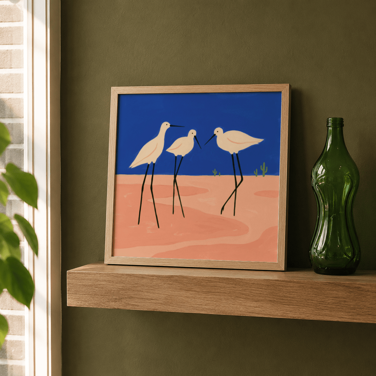 Side-by-side display of minimalist bird wall art emphasizing tall legs and clean lines