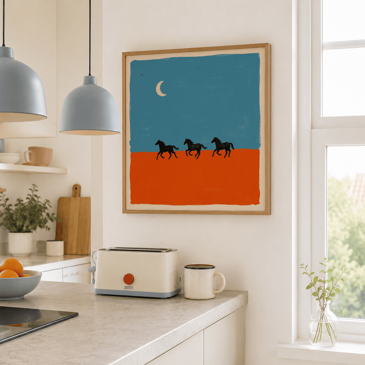 Graphic wall art print with three black horses crossing a split sky-and-ground design