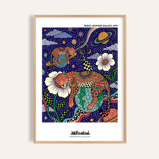 Whimsical space-themed wall art poster with two leopards, stars, and a ringed planet