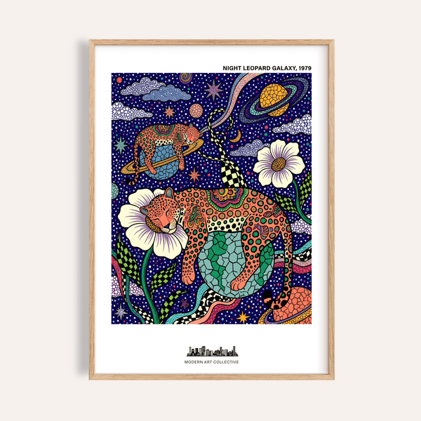 Whimsical space-themed wall art poster with two leopards, stars, and a ringed planet