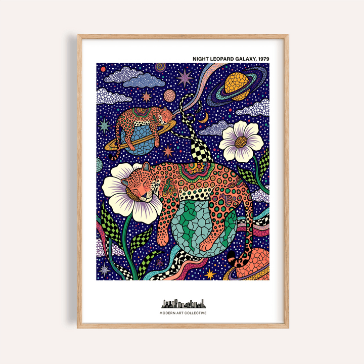 Whimsical space-themed wall art poster with two leopards, stars, and a ringed planet