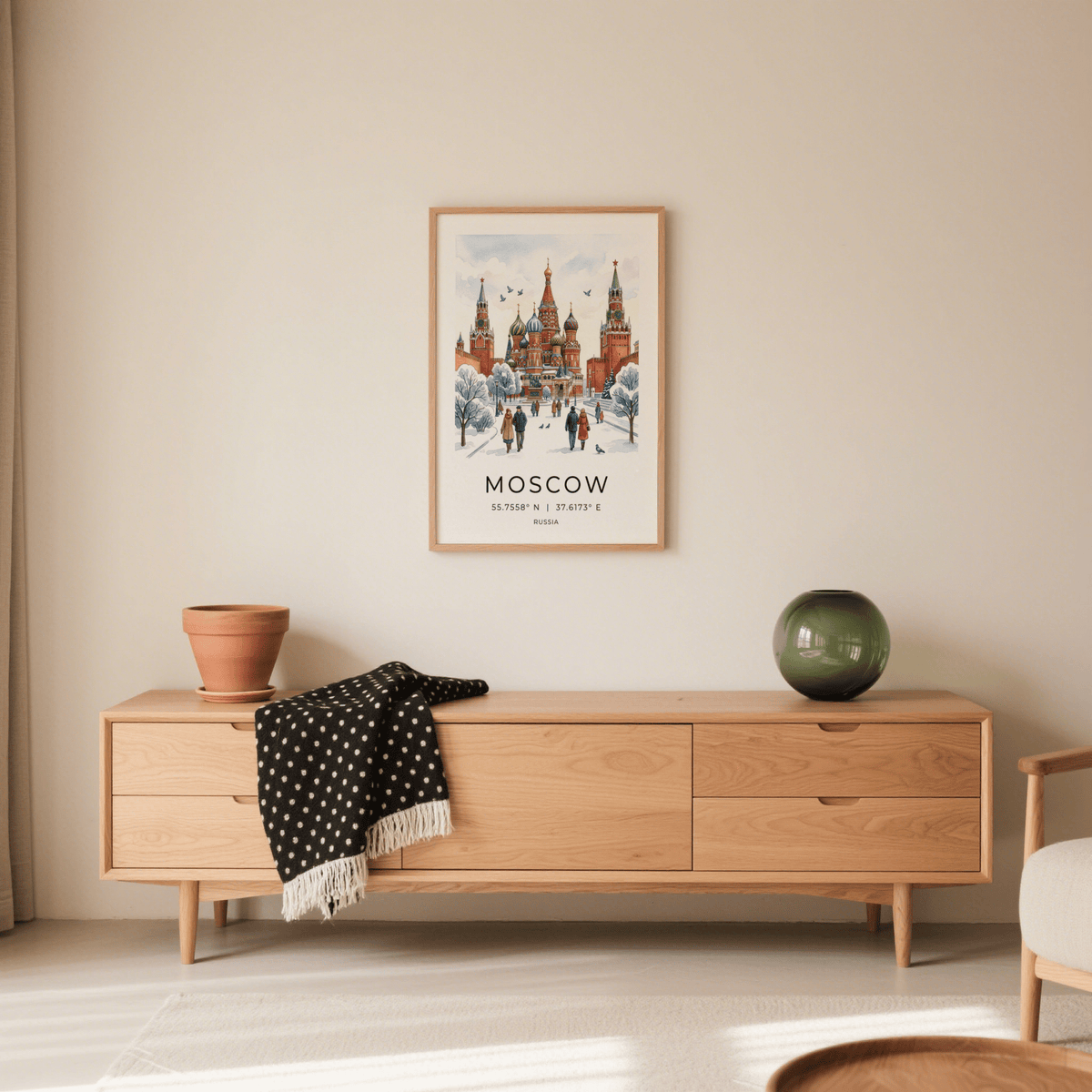 Hand-drawn Moscow City Art Print featuring winter square scene and birds overhead