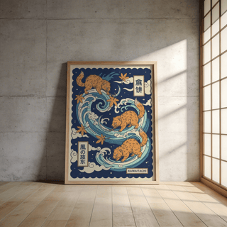 Three yokai creatures arranged in dynamic S-shaped swirl
