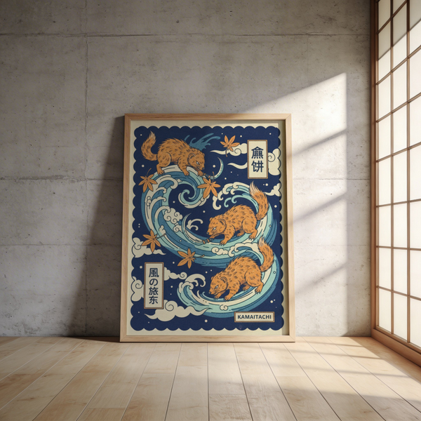 Three yokai creatures arranged in dynamic S-shaped swirl