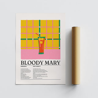 Stylized Bloody Mary drink poster with grid design and red straw.