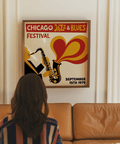 Vintage Chicago Blues Print art print for lounge in Black, Yellow, Red hues