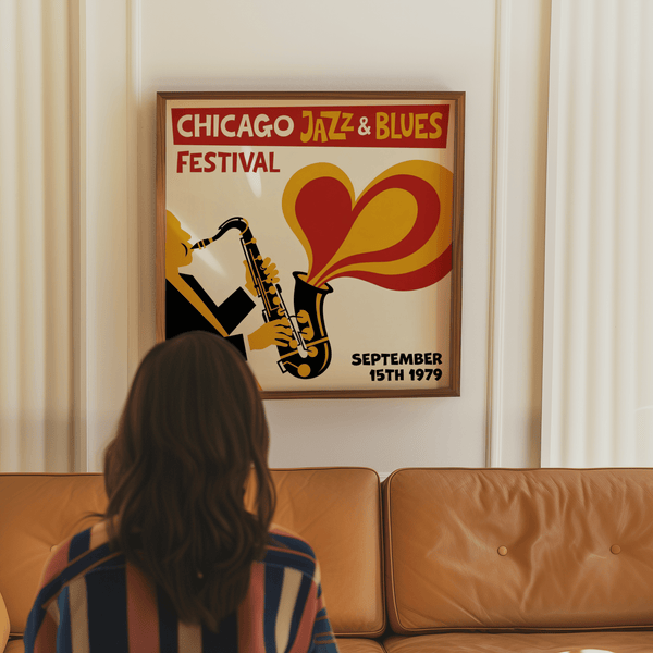 Vintage Chicago Blues Print art print for lounge in Black, Yellow, Red hues