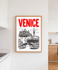 Venice Landmark Art Print featuring bridge foreground, mooring posts, and two gondolas