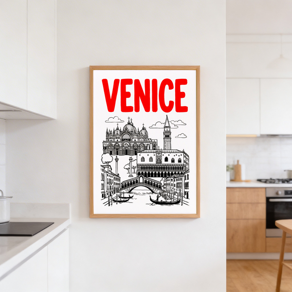 Venice Landmark Art Print featuring bridge foreground, mooring posts, and two gondolas