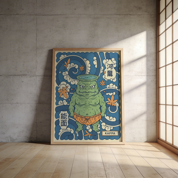 Folklore creature poster displaying stylized clouds and Japanese text