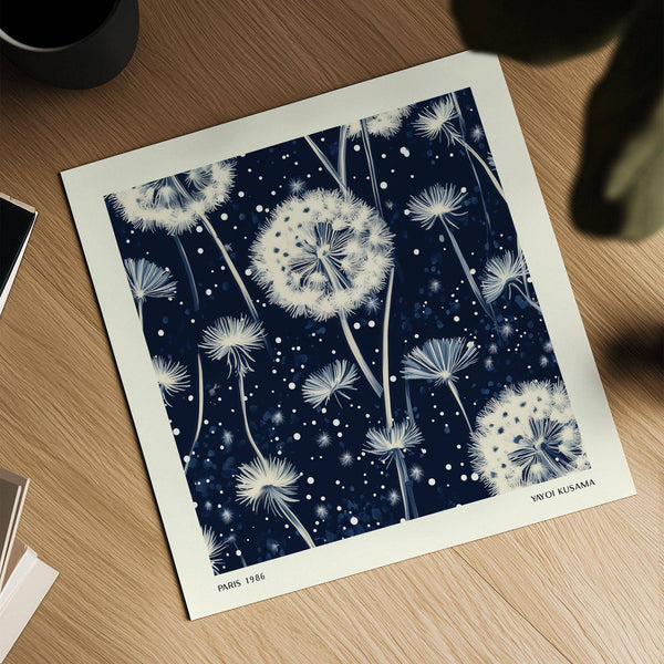 Abstract dandelion design in navy and white wall art style
