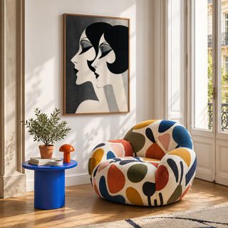 Depicting paired female profiles, Art Deco Female Profiles Print wall art in Black and White