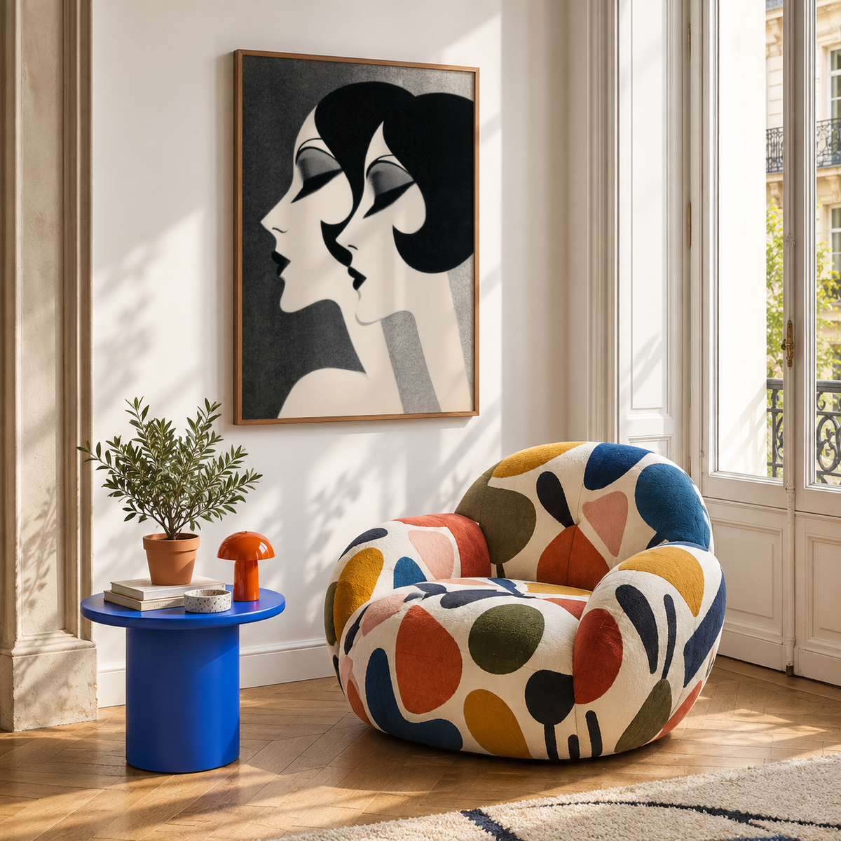 Depicting paired female profiles, Art Deco Female Profiles Print wall art in Black and White
