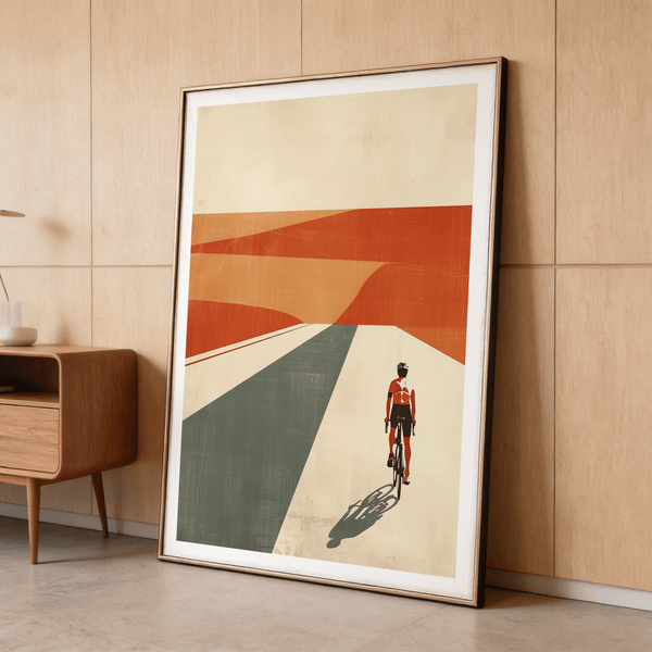 Cycling Landscape Print featuring geometric roadway perspective and small rider