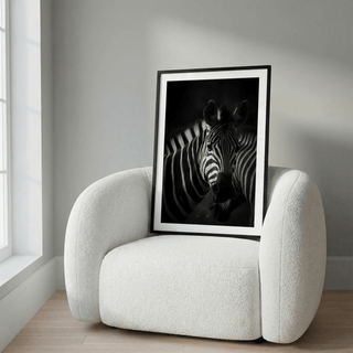 Close-up zebra face print with bold stripe pattern on dark background