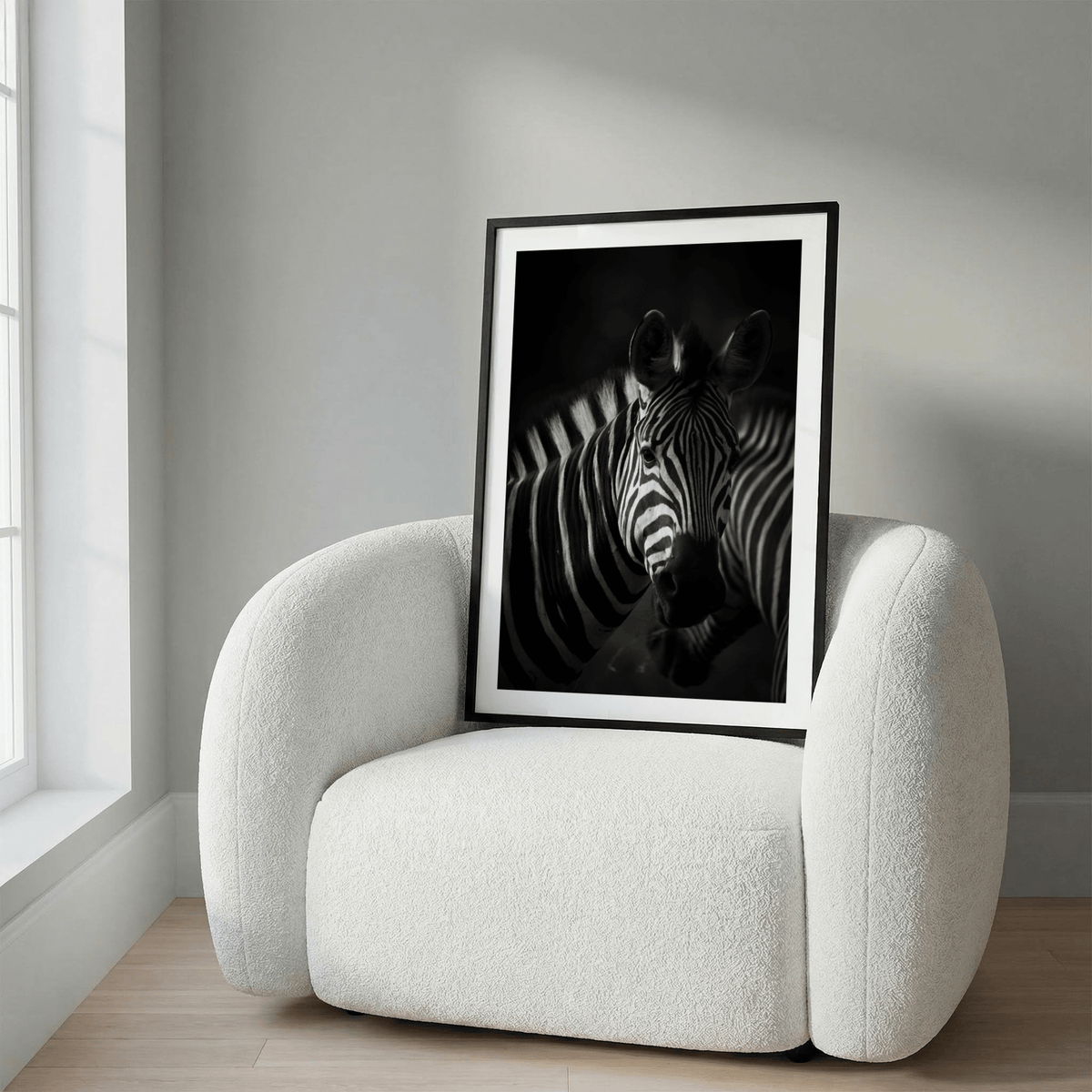 Close-up zebra face print with bold stripe pattern on dark background
