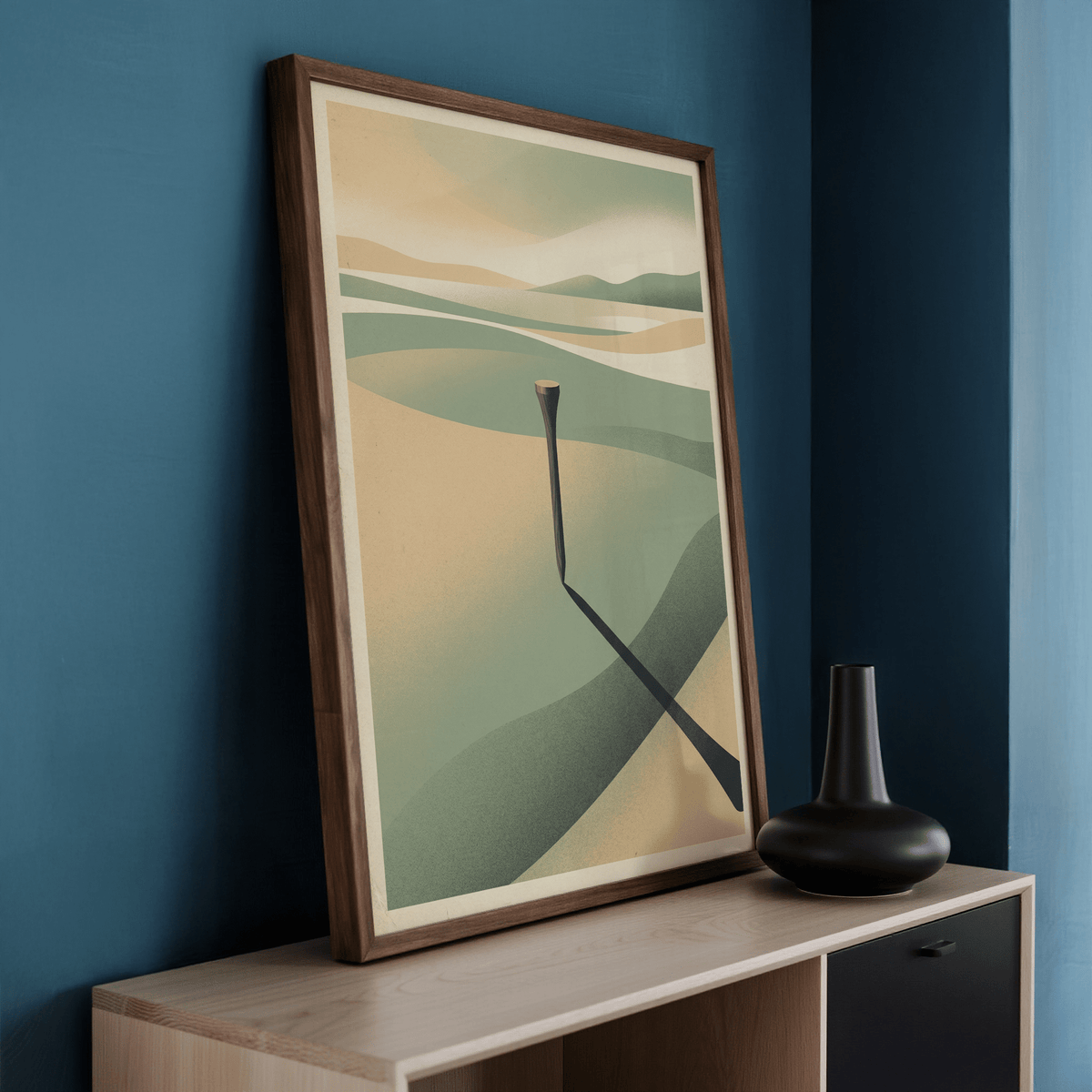 Abstract layered hills poster with single pole and sweeping diagonal shadow