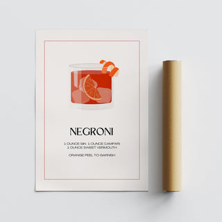 Graphic poster of Negroni cocktail with orange peel swirl and serif font.