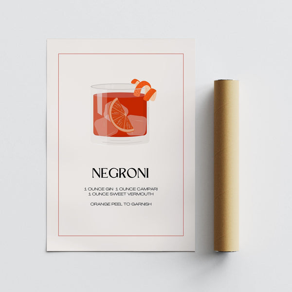 Graphic poster of Negroni cocktail with orange peel swirl and serif font.
