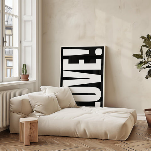 LOVE poster displayed in a sleek, modern room setting.