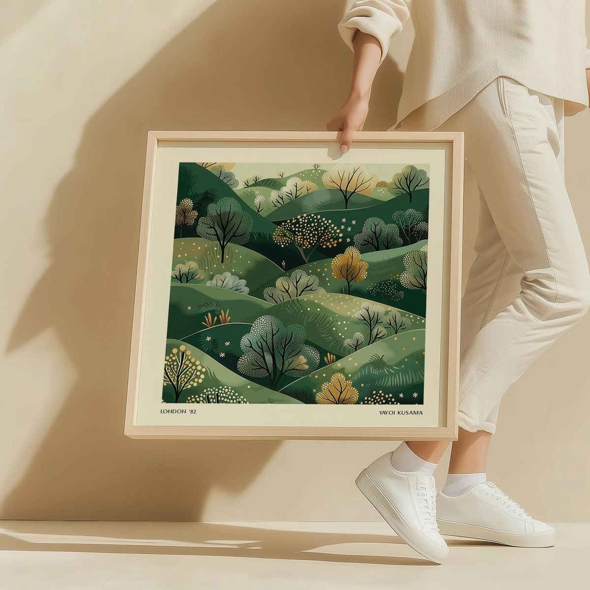 Japandi-style large nature wall art featuring rolling hills and soft textures