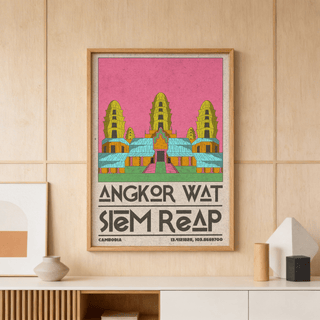 Vintage Cambodia travel poster print featuring three temple spires and speckled background