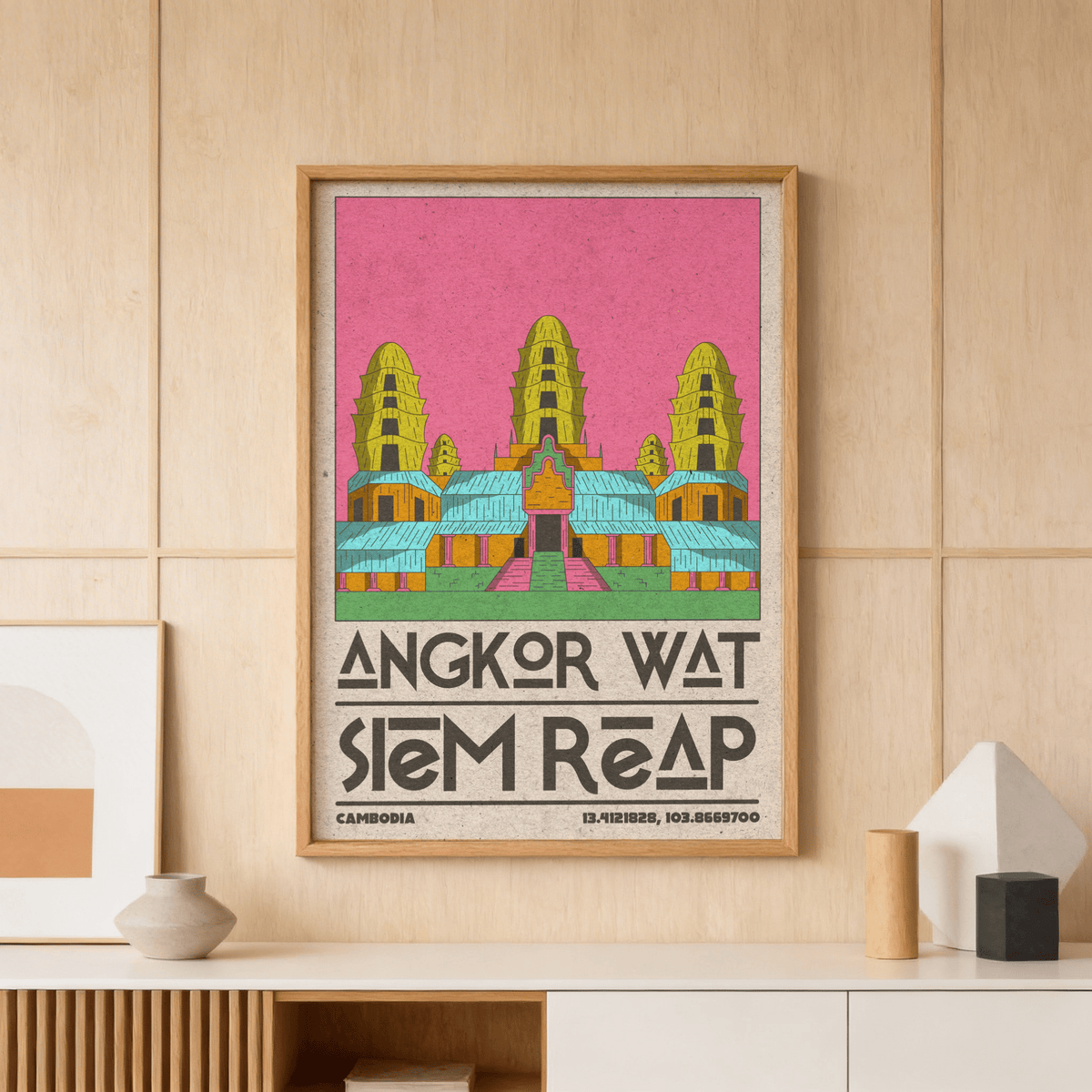 Vintage Cambodia travel poster print featuring three temple spires and speckled background