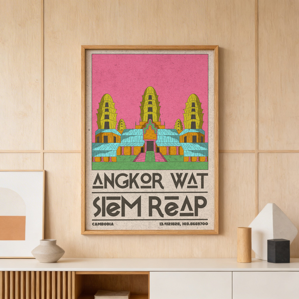 Vintage Cambodia travel poster print featuring three temple spires and speckled background