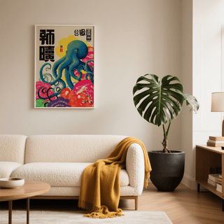 Vibrant Colorful Octopus Art Print in Pink and Yellow for bedroom decor
