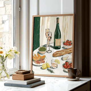 Food and Wine Art Print featuring cheese and fruit, multicolored, for kitchen