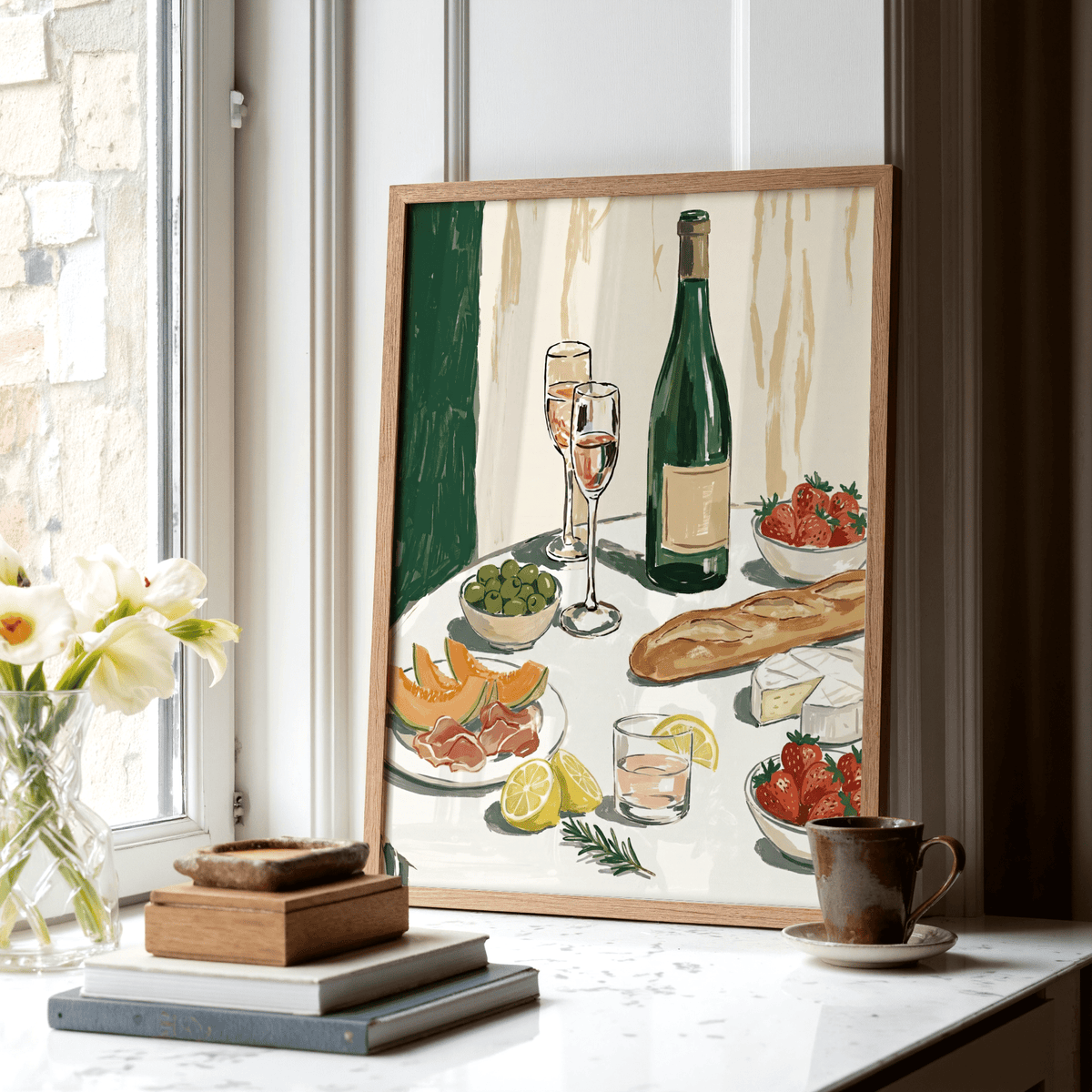 Food and Wine Art Print featuring cheese and fruit, multicolored, for kitchen