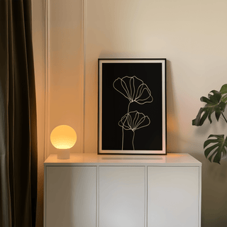 Vertical poster of two continuous-line blossoms and subtle border