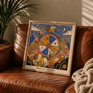 Graphic poster print with mountains and large flowers framing the central fortune wheel design