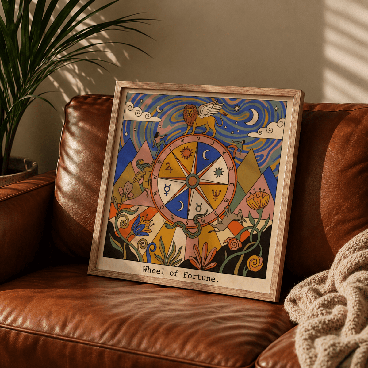 Graphic poster print with mountains and large flowers framing the central fortune wheel design