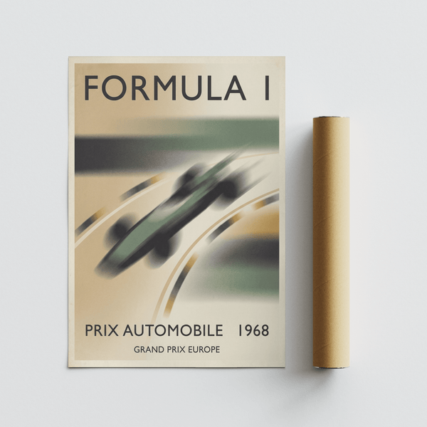 Retro Formula 1 Art Print with dynamic diagonal car and curved racing line