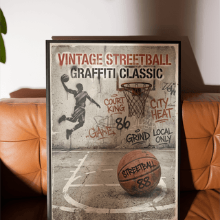 Living room setup featuring framed Graffiti Basketball Poster above sofa