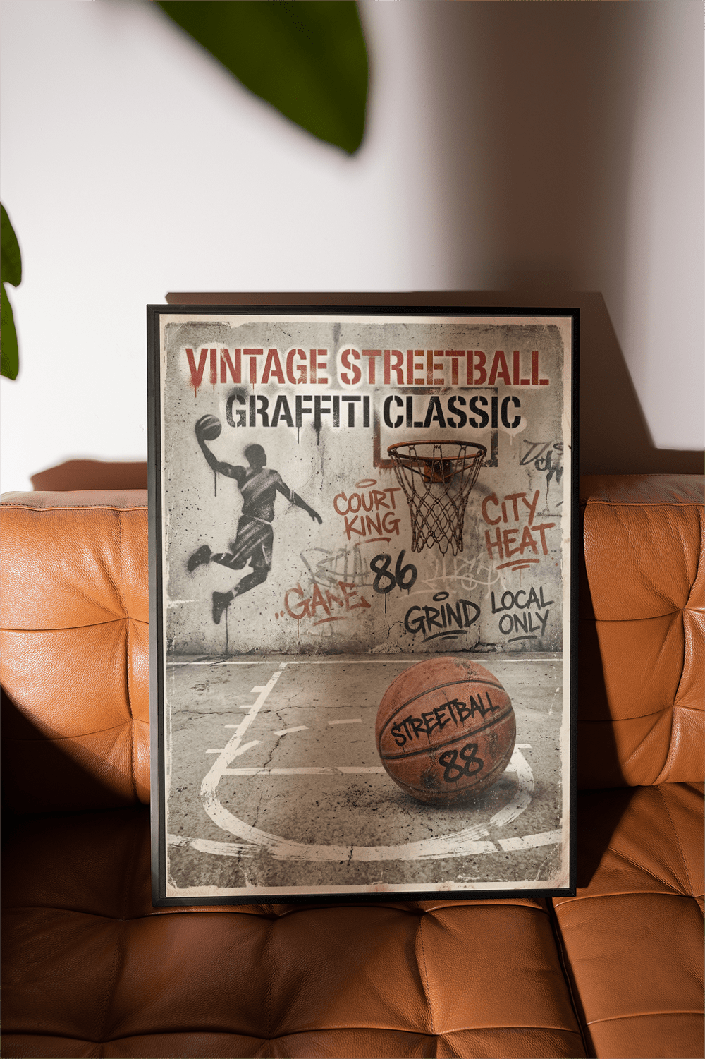 Living room setup featuring framed Graffiti Basketball Poster above sofa