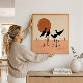 Side angle of Desert Birds Wall Art hung above sofa