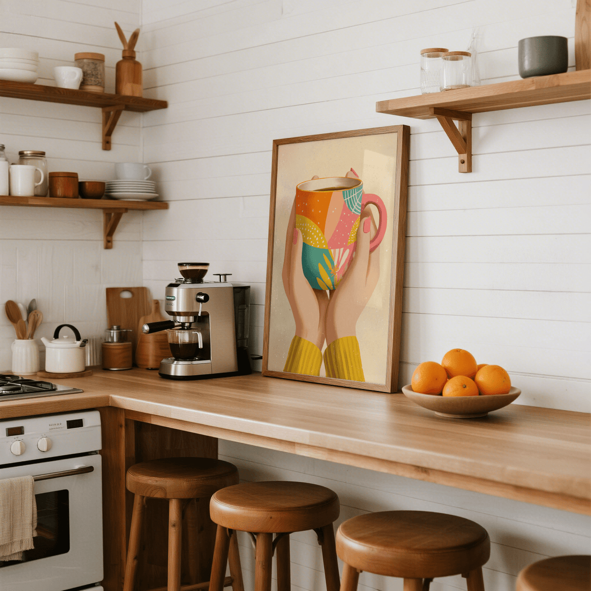 Colorful Coffee Mug Art poster featuring pink and yellow for living room decor