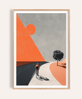 Foreground view of a cyclist on a curving road poster with geometric landscape shapes