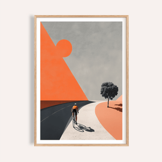 Foreground view of a cyclist on a curving road poster with geometric landscape shapes