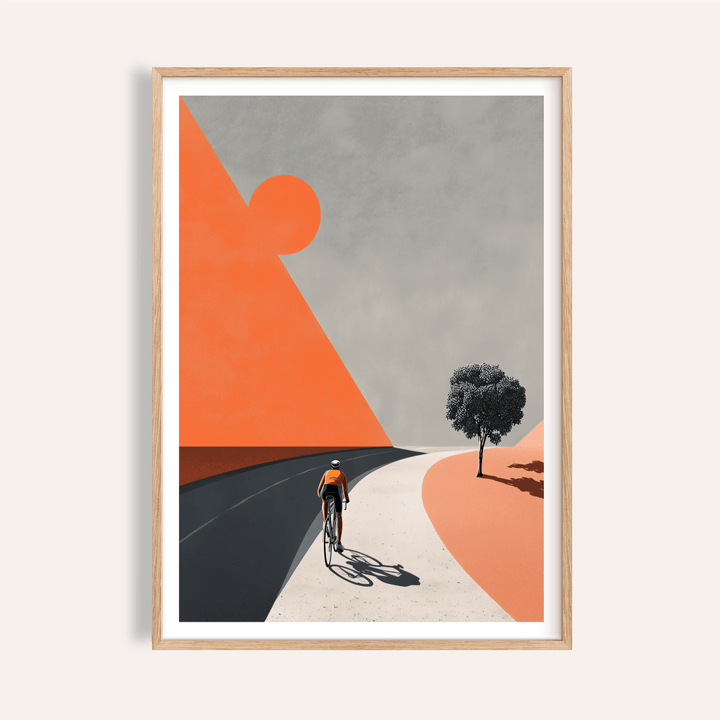 Foreground view of a cyclist on a curving road poster with geometric landscape shapes
