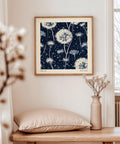 Minimalist floral wall art with navy and white tones.