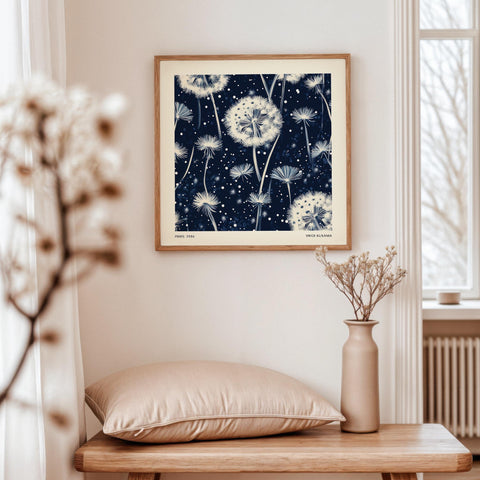 Minimalist floral wall art with navy and white tones.