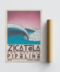Detailing travel-style surf poster print with wave crest, foam, and bottom location text