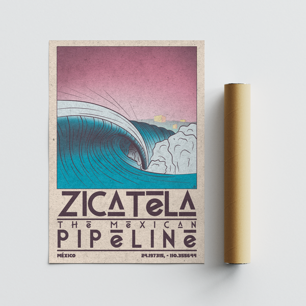 Detailing travel-style surf poster print with wave crest, foam, and bottom location text