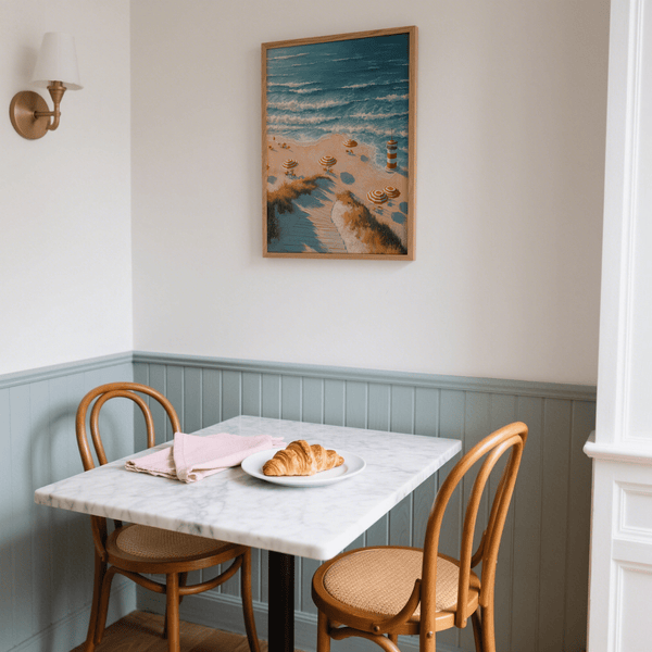 Beach Lighthouse Print in blue, beige, and brown for living room decor