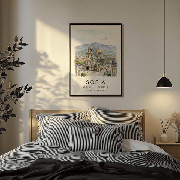 Illustrated Sofia travel print showing domed church, birds, and tram