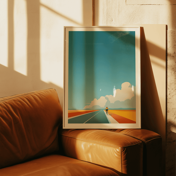 Graphic travel-style print featuring a bicycle rider and big clouds