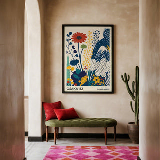 Bold poster flowers print with abstract shapes on cream background